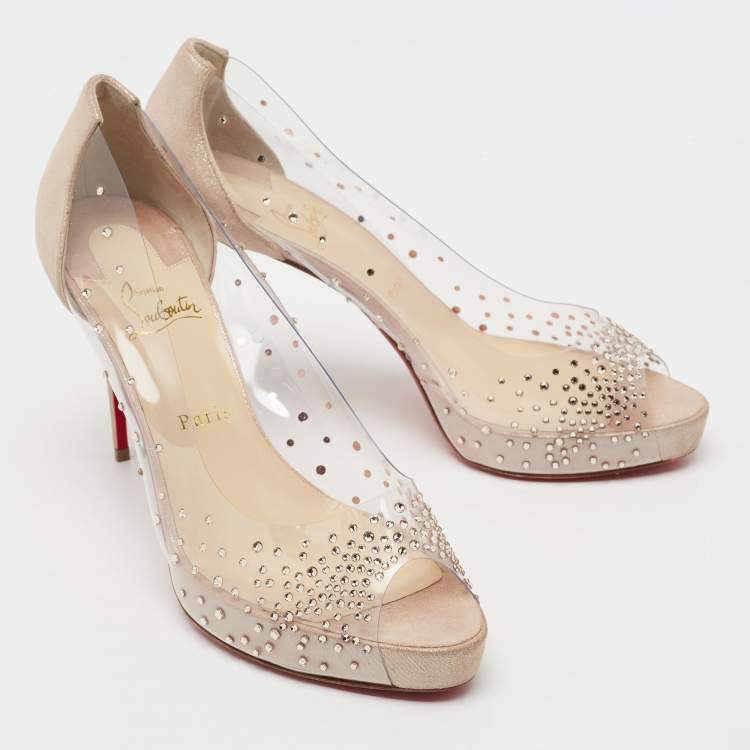 Pre Owned Christian Louboutin Beige Shimmer Suede and PVC Very Strass Peep-Toe Pumps Size 41