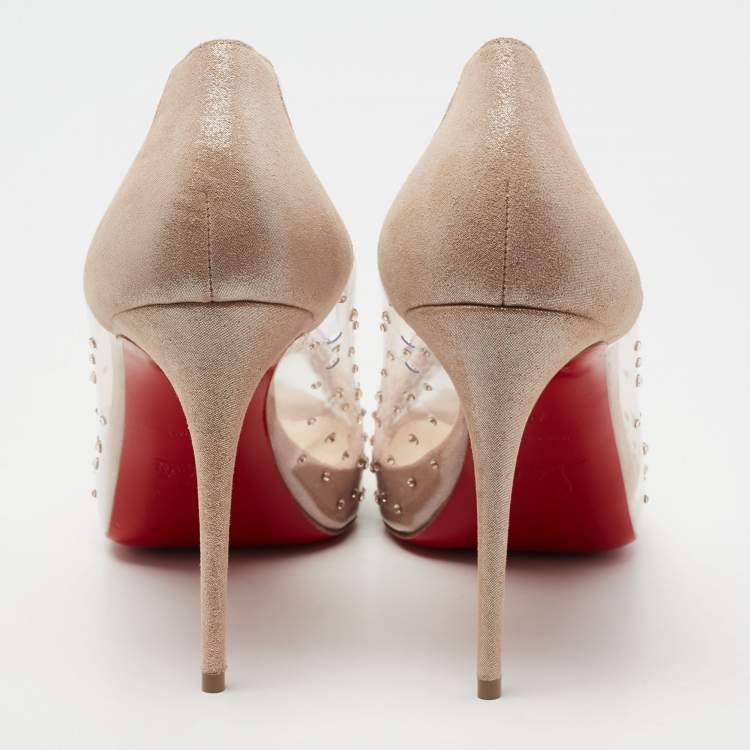 Pre Owned Christian Louboutin Beige Shimmer Suede and PVC Very Strass Peep-Toe Pumps Size 41