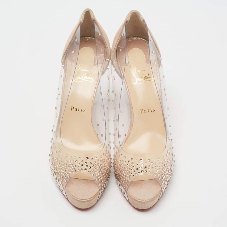 Pre Owned Christian Louboutin Beige Shimmer Suede and PVC Very Strass Peep-Toe Pumps Size 41