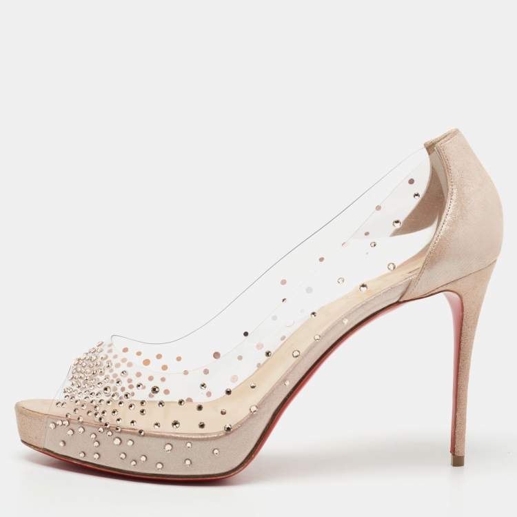 Pre Owned Christian Louboutin Beige Shimmer Suede and PVC Very Strass Peep-Toe Pumps Size 41