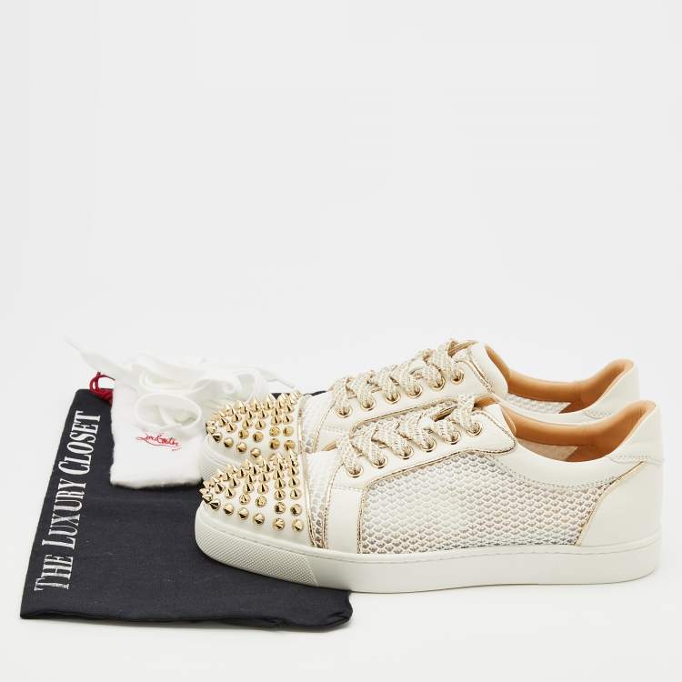 Pre Owned Christian Louboutin White Mesh and Leather Vieira Spikes Low Top Sneakers Size 37.5