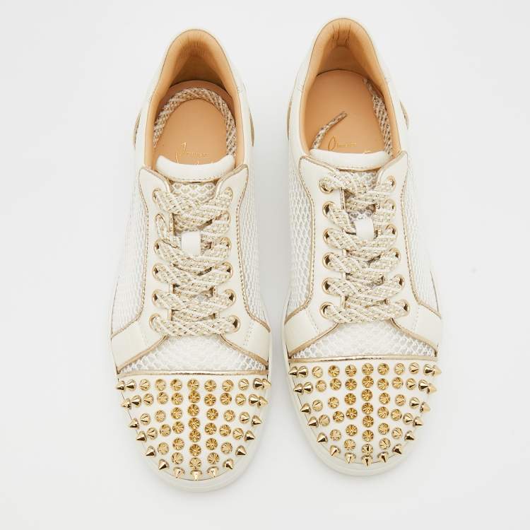 Pre Owned Christian Louboutin White Mesh and Leather Vieira Spikes Low Top Sneakers Size 37.5