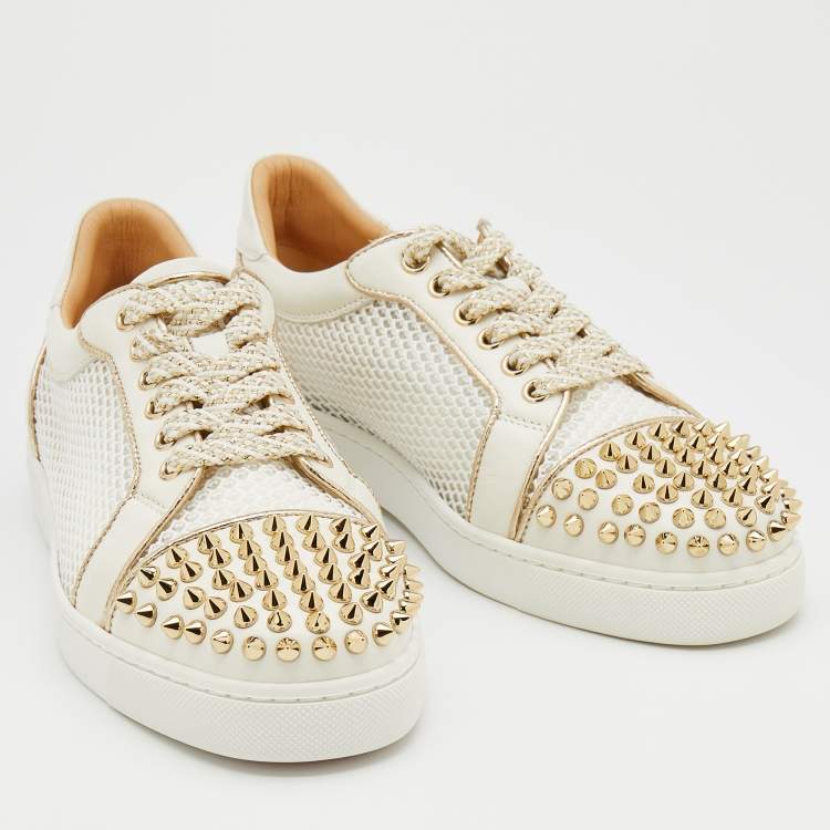 Pre Owned Christian Louboutin White Mesh and Leather Vieira Spikes Low Top Sneakers Size 37.5