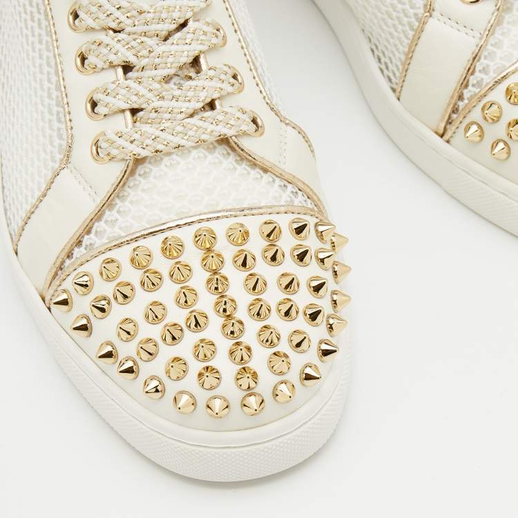 Pre Owned Christian Louboutin White Mesh and Leather Vieira Spikes Low Top Sneakers Size 37.5