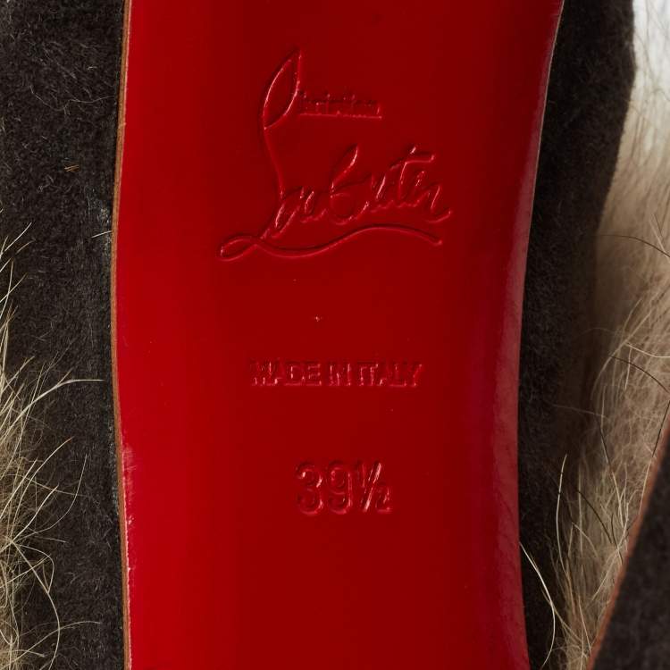 Pre Owned Christian Louboutin Grey/Brown Leather and Fur Toundra Platform Ankle Boots Size 39.5