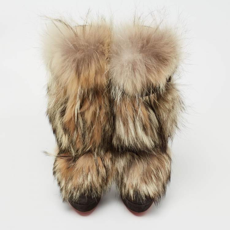 Pre Owned Christian Louboutin Grey/Brown Leather and Fur Toundra Platform Ankle Boots Size 39.5