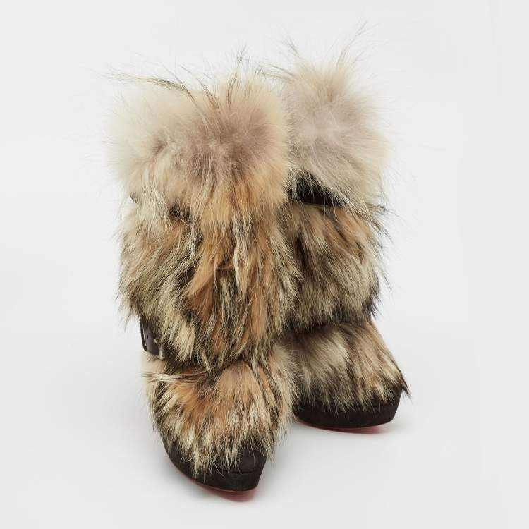 Pre Owned Christian Louboutin Grey/Brown Leather and Fur Toundra Platform Ankle Boots Size 39.5