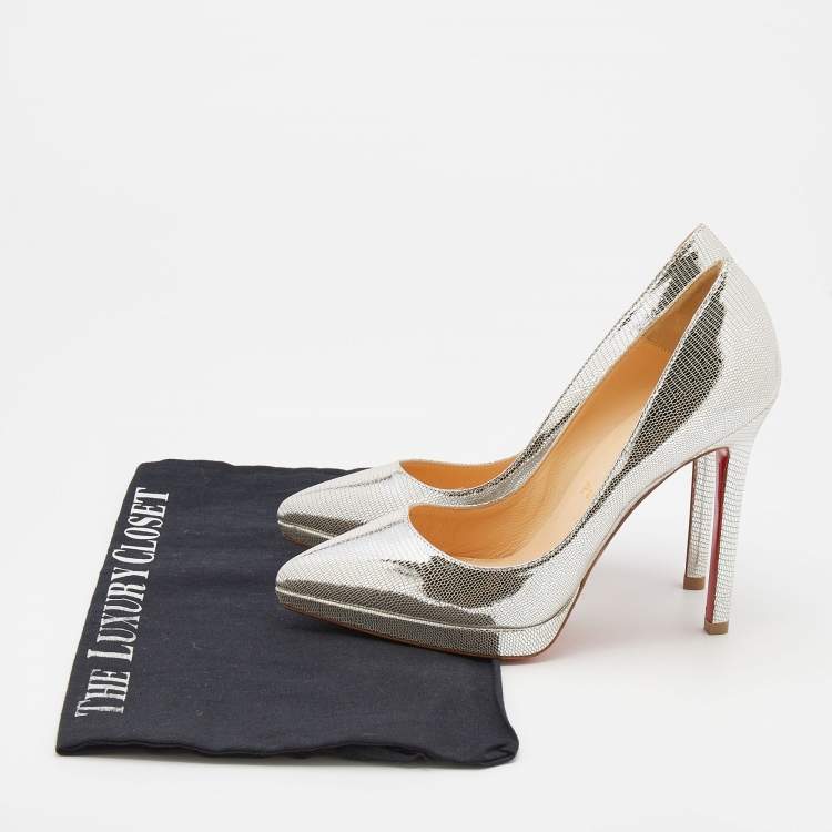 Pre Owned Christian Louboutin Metallic Silver Leather Pigalle Plato Pumps Size 35