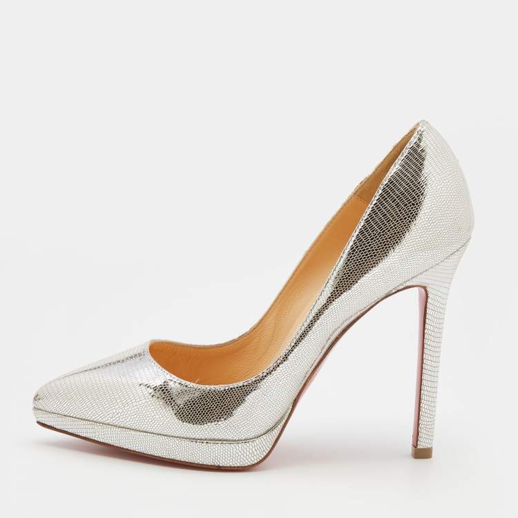 Pre Owned Christian Louboutin Metallic Silver Leather Pigalle Plato Pumps Size 35