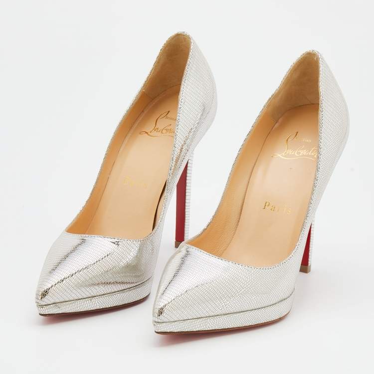 Pre Owned Christian Louboutin Metallic Silver Leather Pigalle Plato Pumps Size 35