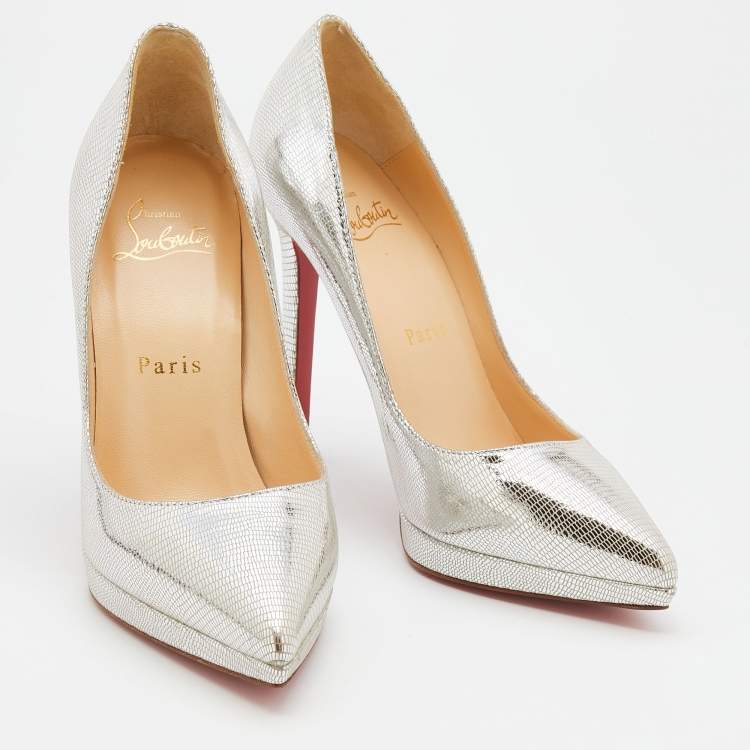 Pre Owned Christian Louboutin Metallic Silver Leather Pigalle Plato Pumps Size 35