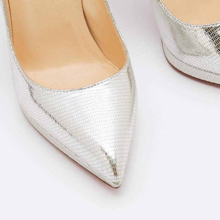 Pre Owned Christian Louboutin Metallic Silver Leather Pigalle Plato Pumps Size 35