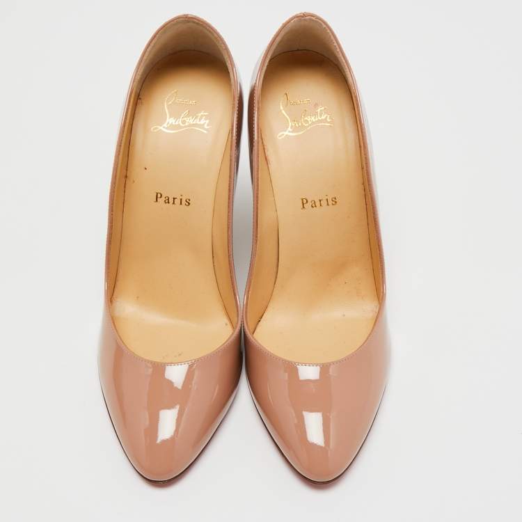 Pre Owned Christian Louboutin Beige Patent Leather Wedge Pumps Size 39