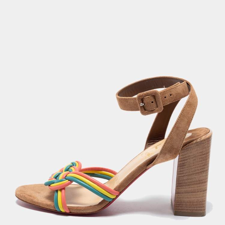 Pre Owned Christian Louboutin Multicolor Suede and Woven Leather Ella Sandals Size 38