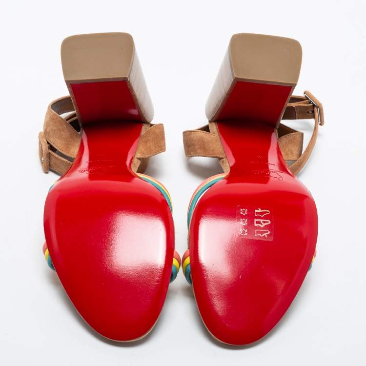 Pre Owned Christian Louboutin Multicolor Suede and Woven Leather Ella Sandals Size 38