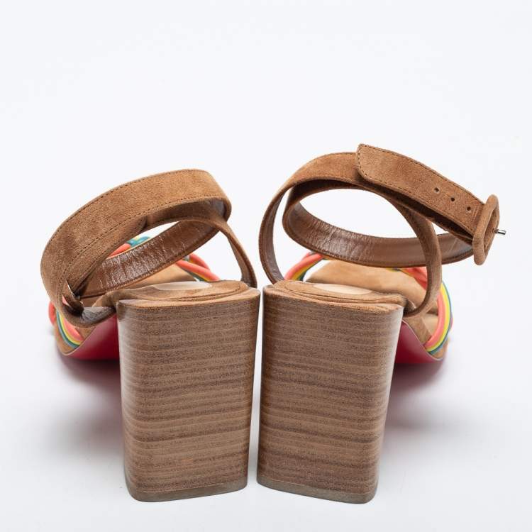 Pre Owned Christian Louboutin Multicolor Suede and Woven Leather Ella Sandals Size 38