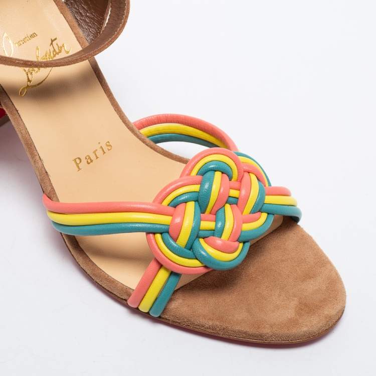 Pre Owned Christian Louboutin Multicolor Suede and Woven Leather Ella Sandals Size 38