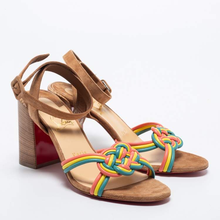 Pre Owned Christian Louboutin Multicolor Suede and Woven Leather Ella Sandals Size 38