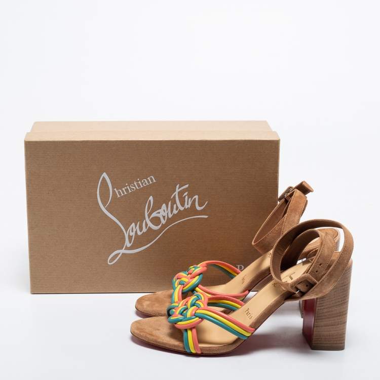 Pre Owned Christian Louboutin Multicolor Suede and Woven Leather Ella Sandals Size 38