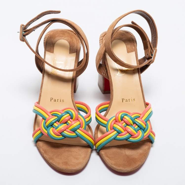 Pre Owned Christian Louboutin Multicolor Suede and Woven Leather Ella Sandals Size 38
