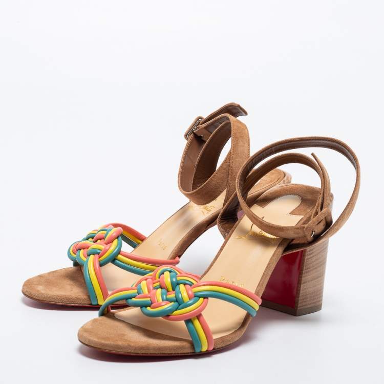 Pre Owned Christian Louboutin Multicolor Suede and Woven Leather Ella Sandals Size 38