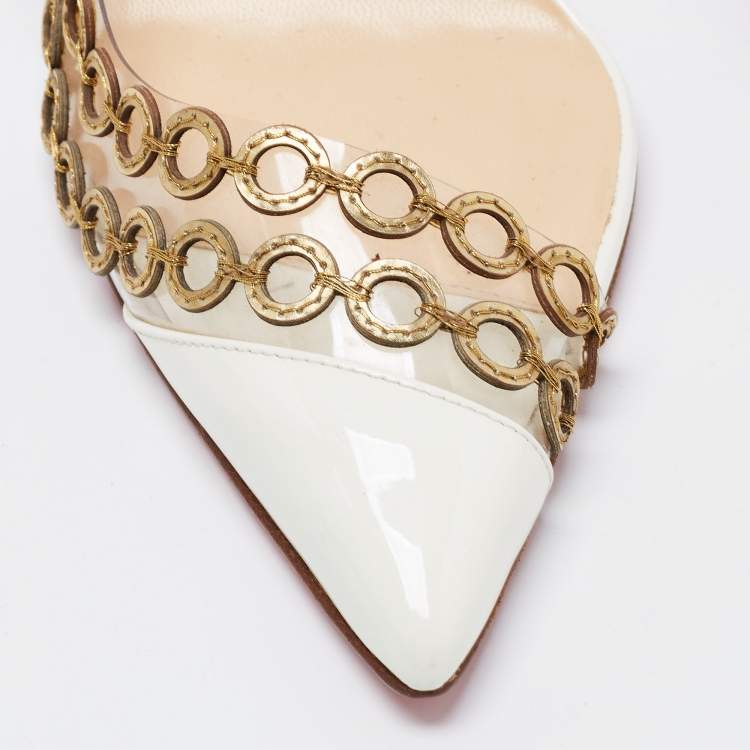 Pre Owned Christian Louboutin White/Gold PVC and Patent Leather Malaika Chain Pumps Size 38