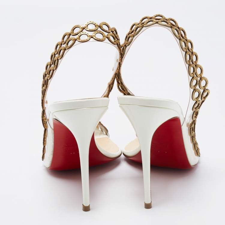 Pre Owned Christian Louboutin White/Gold PVC and Patent Leather Malaika Chain Pumps Size 38