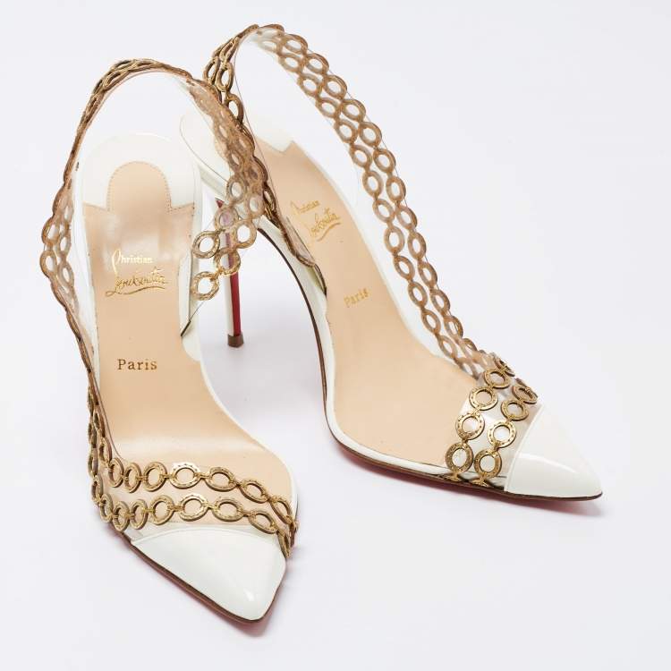 Pre Owned Christian Louboutin White/Gold PVC and Patent Leather Malaika Chain Pumps Size 38