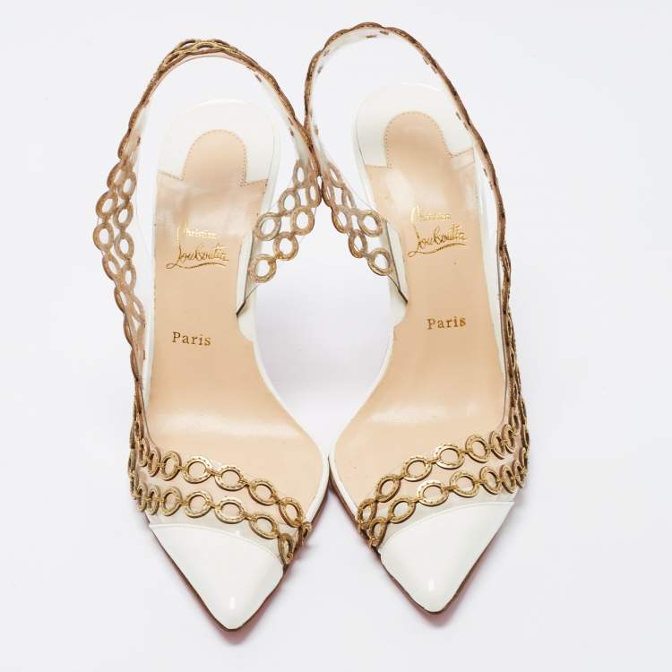 Pre Owned Christian Louboutin White/Gold PVC and Patent Leather Malaika Chain Pumps Size 38