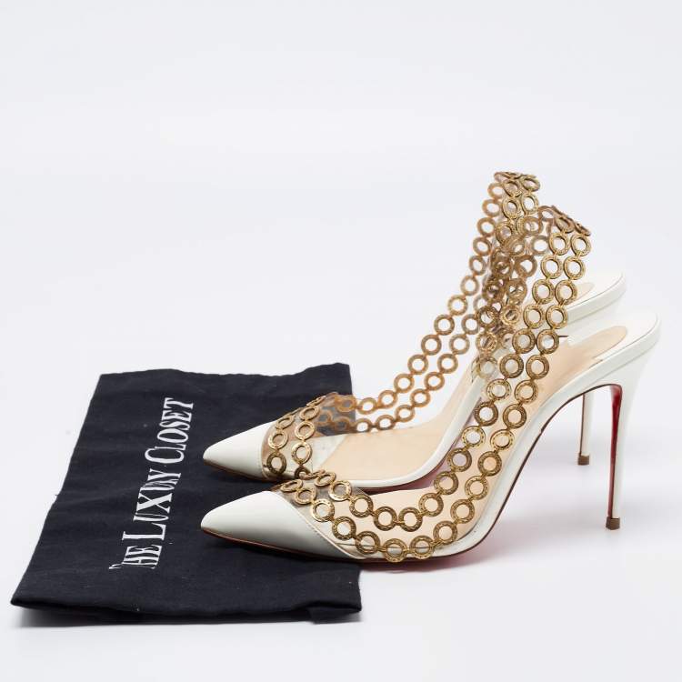Pre Owned Christian Louboutin White/Gold PVC and Patent Leather Malaika Chain Pumps Size 38