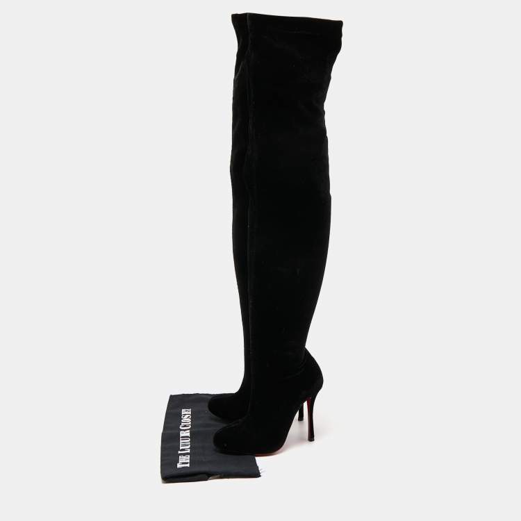 Pre Owned Christian Louboutin Black Velvet Knee Length Boots Size 35