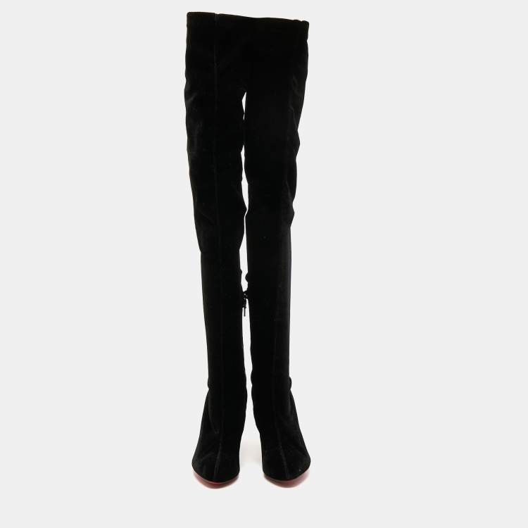 Pre Owned Christian Louboutin Black Velvet Knee Length Boots Size 35