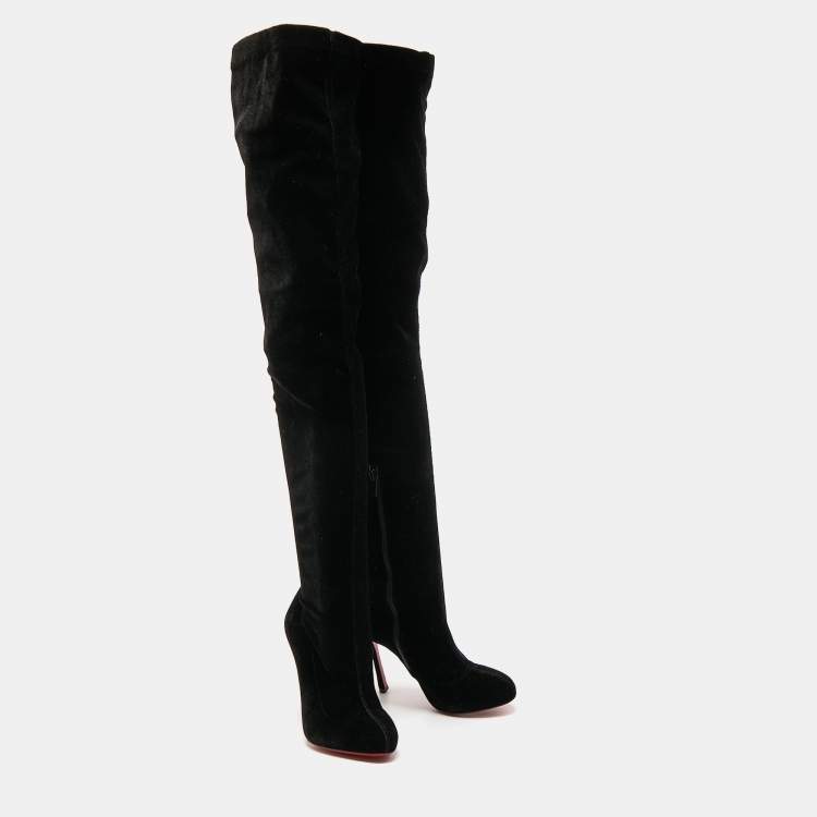 Pre Owned Christian Louboutin Black Velvet Knee Length Boots Size 35