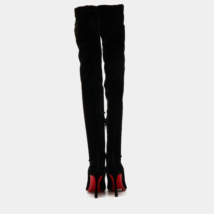 Pre Owned Christian Louboutin Black Velvet Knee Length Boots Size 35