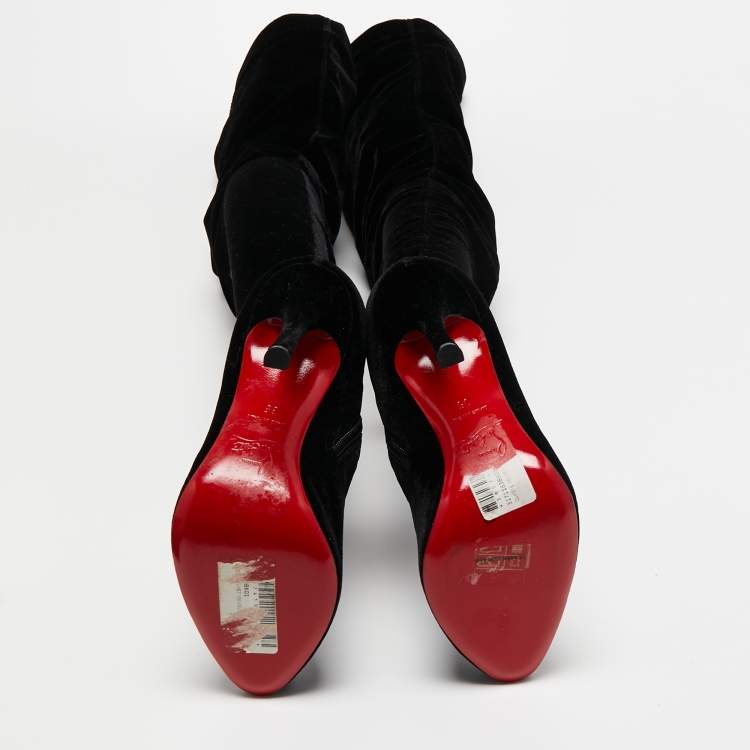 Pre Owned Christian Louboutin Black Velvet Knee Length Boots Size 35