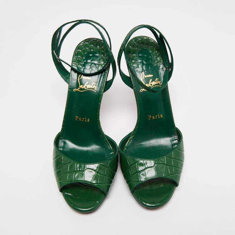 Pre Owned Christian Louboutin Green Croc Embossed Leather Loubiloo Ankle Strap Sandals Size 39  