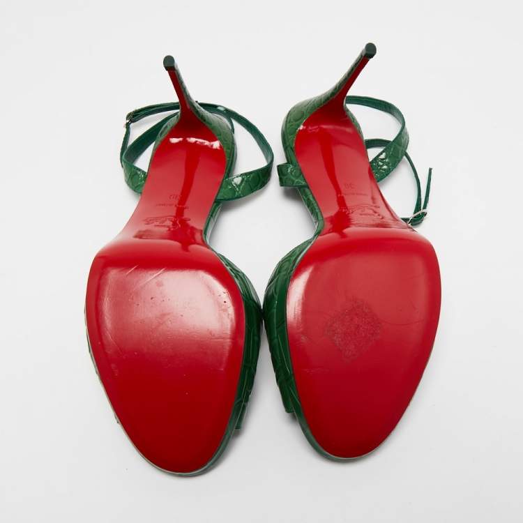 Pre Owned Christian Louboutin Green Croc Embossed Leather Loubiloo Ankle Strap Sandals Size 39  