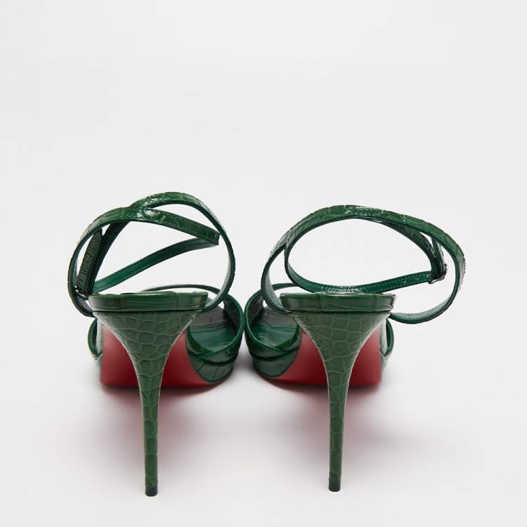 Pre Owned Christian Louboutin Green Croc Embossed Leather Loubiloo Ankle Strap Sandals Size 39  