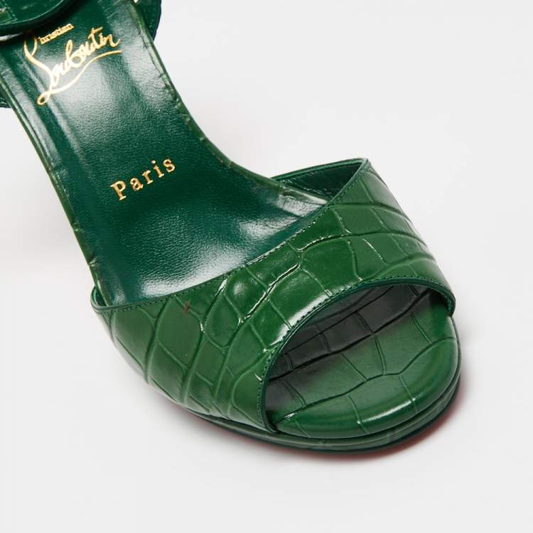Pre Owned Christian Louboutin Green Croc Embossed Leather Loubiloo Ankle Strap Sandals Size 39  