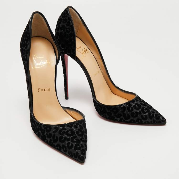 Pre Owned Christian Louboutin Black Leopard Print Glitter and Velvet Iriza Pumps Size 39