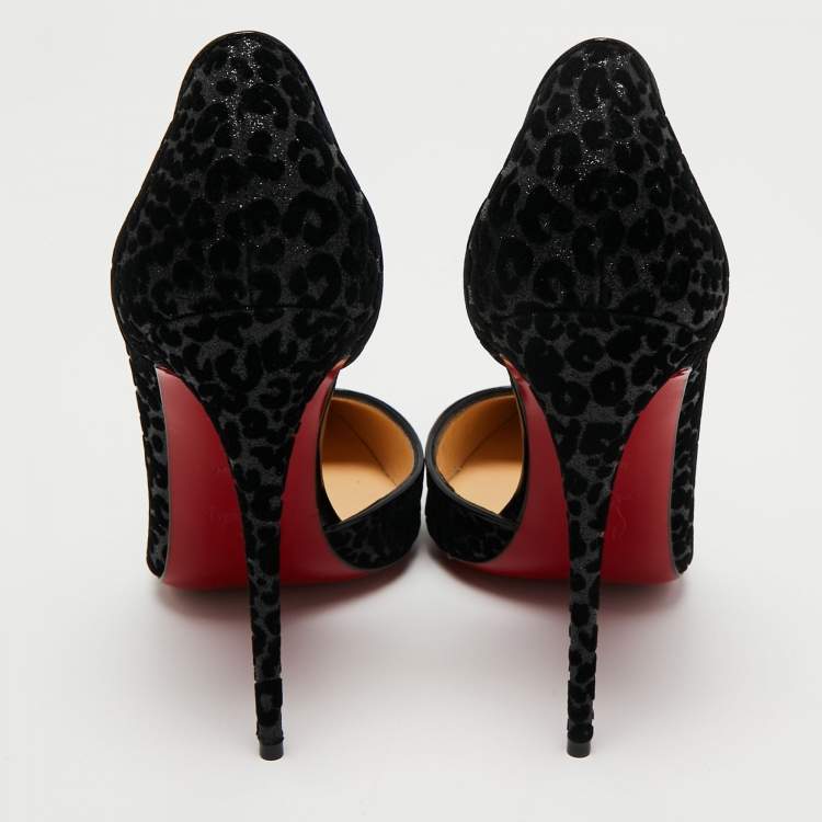 Pre Owned Christian Louboutin Black Leopard Print Glitter and Velvet Iriza Pumps Size 39
