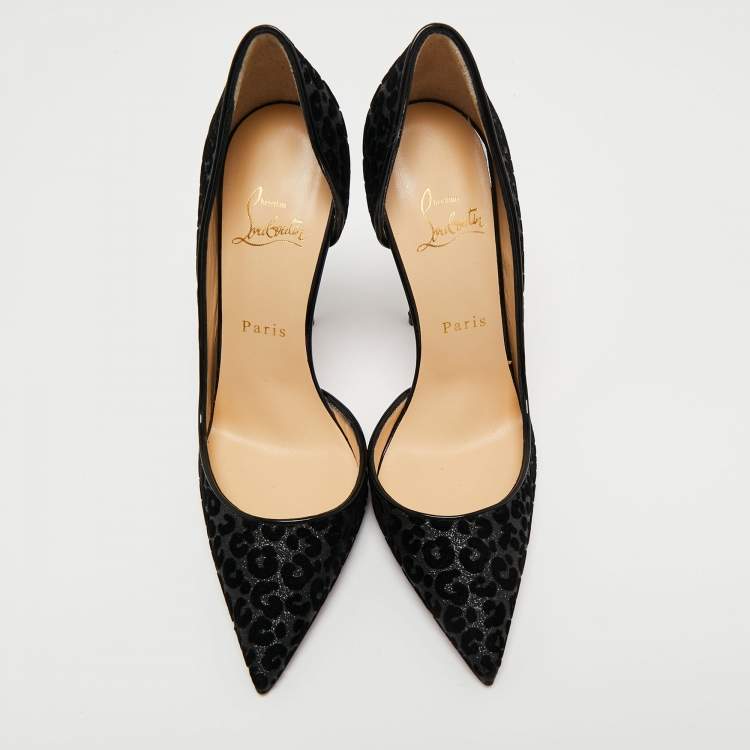 Pre Owned Christian Louboutin Black Leopard Print Glitter and Velvet Iriza Pumps Size 39