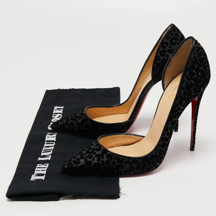 Pre Owned Christian Louboutin Black Leopard Print Glitter and Velvet Iriza Pumps Size 39