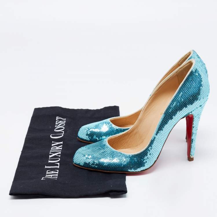 Pre Owned Christian Louboutin Blue Sequins Ron Ron Pumps Size 37
