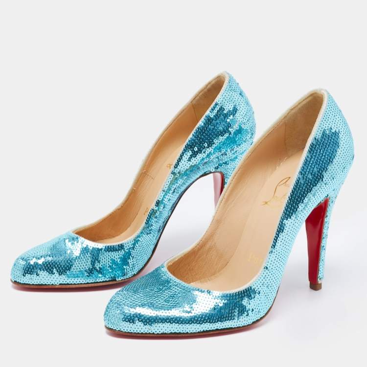 Pre Owned Christian Louboutin Blue Sequins Ron Ron Pumps Size 37