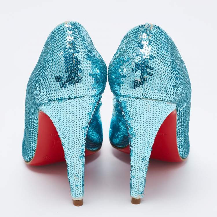 Pre Owned Christian Louboutin Blue Sequins Ron Ron Pumps Size 37