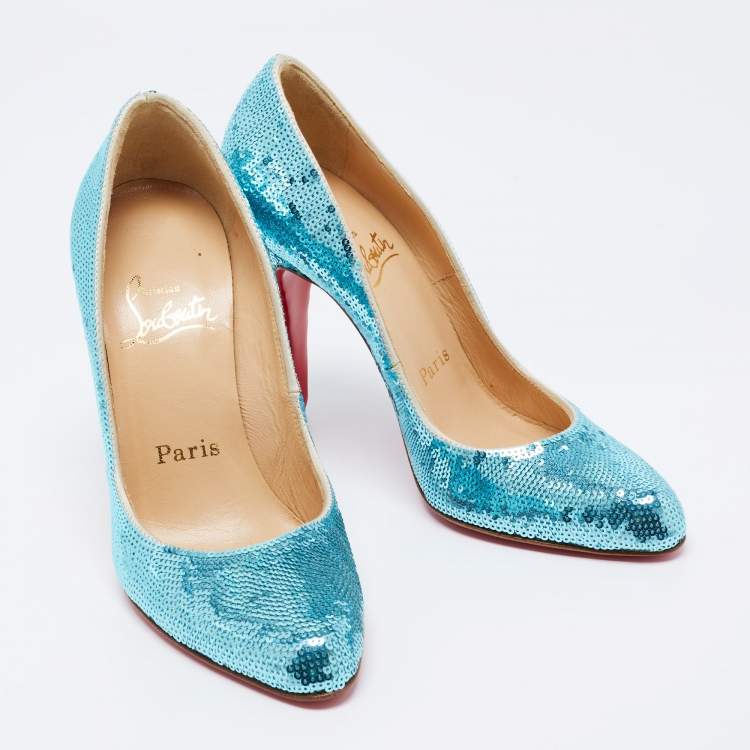 Pre Owned Christian Louboutin Blue Sequins Ron Ron Pumps Size 37