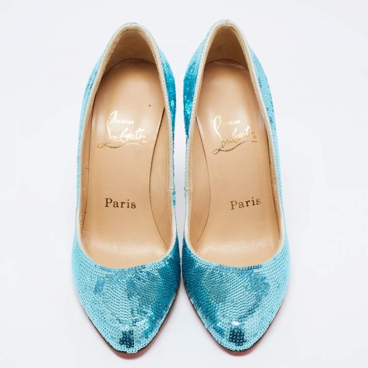 Pre Owned Christian Louboutin Blue Sequins Ron Ron Pumps Size 37