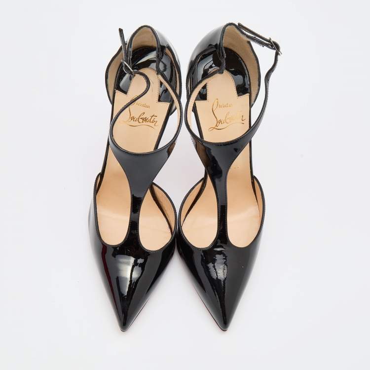 Pre Owned Christian Louboutin Black Patent Leather J String Pumps Size 38