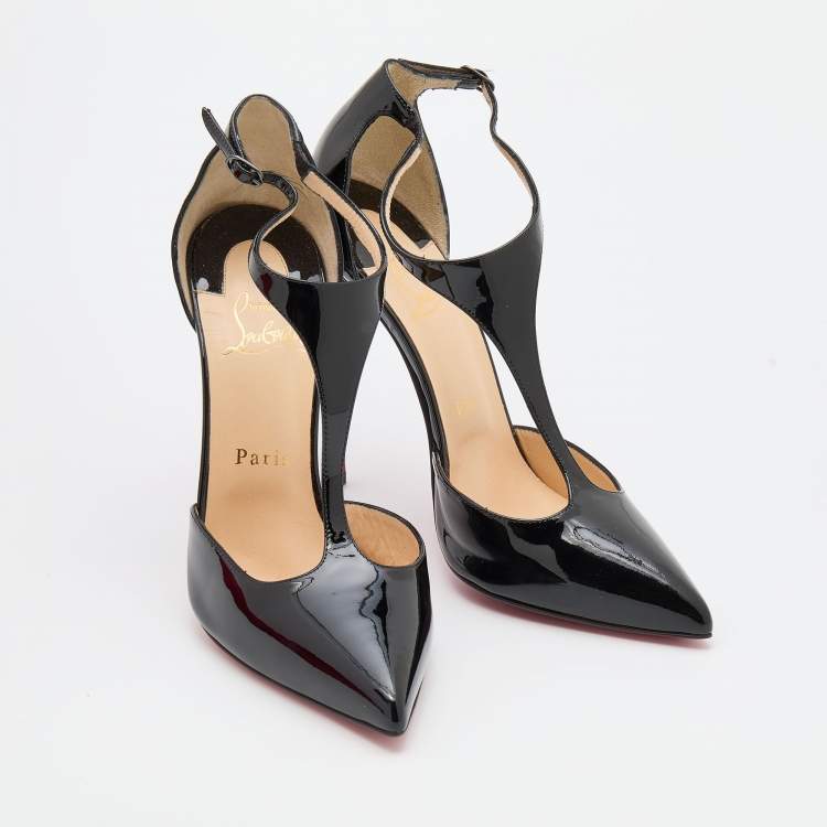 Pre Owned Christian Louboutin Black Patent Leather J String Pumps Size 38